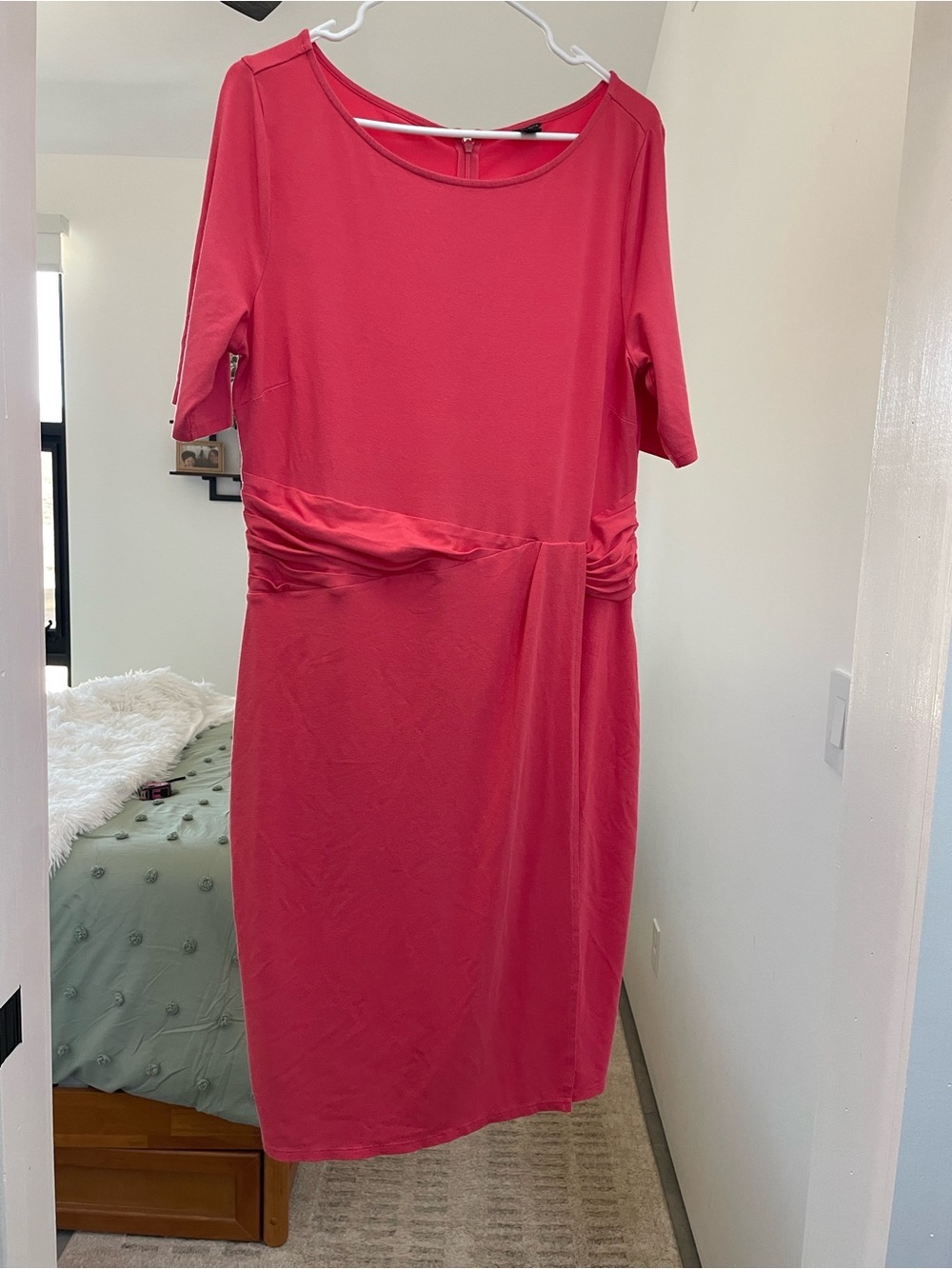 Ann Taylor Coral-Pink Ruched Waist Midi Dress
